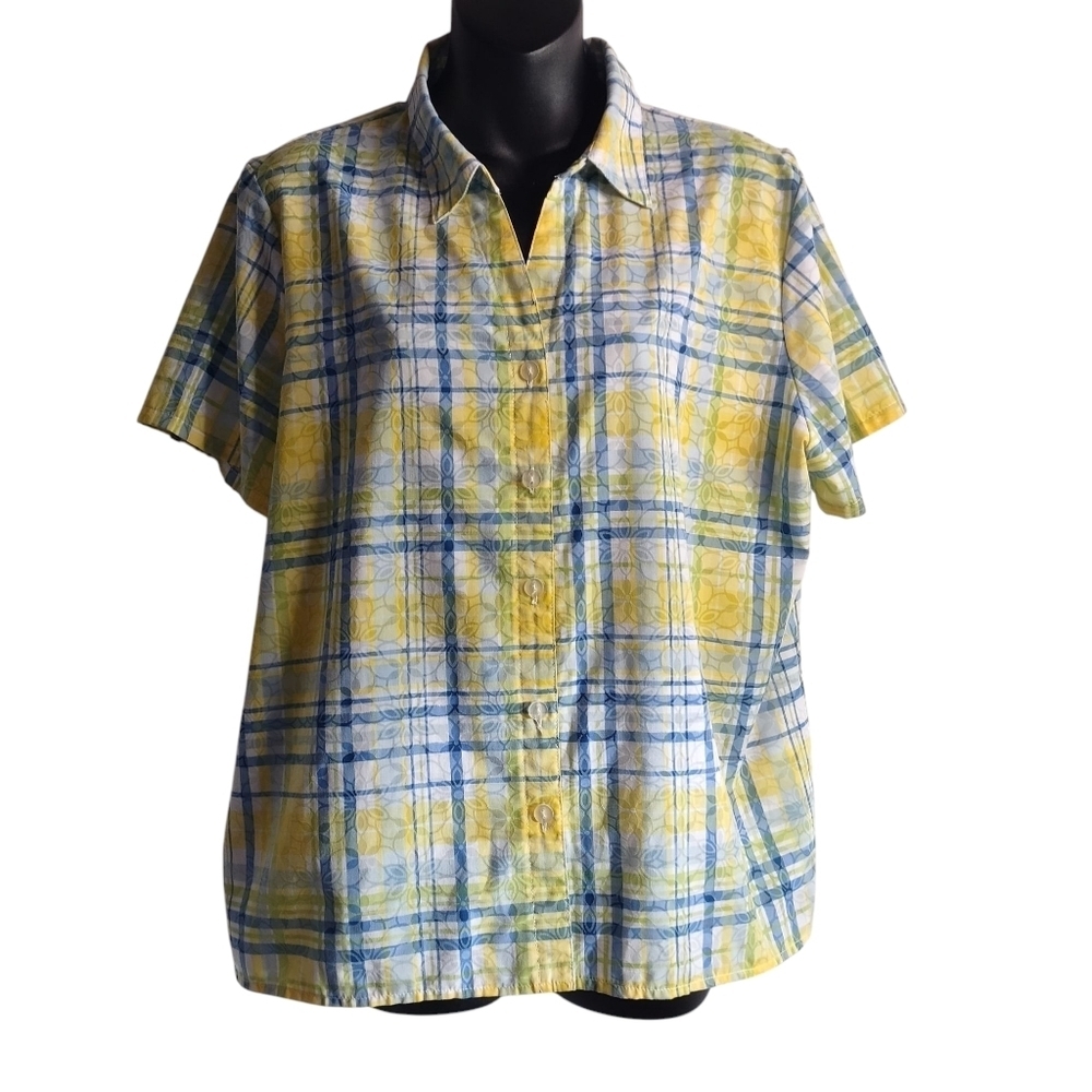 Alfred Dunner Blouse Womens Multicolor Plaid Floral Button Up Shortsleeve Sz 16P